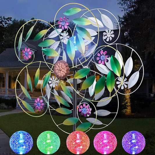 Solar Wind Spinner Metal Garden Decor, Wind Spinners Outdoor Clearance, Multi Color Changing LED Solar Powered Glass Ball Kinetic Wind Sculptures Windmills for Yard Patio Outdoor Decoration