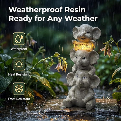 Lyeasw Solar Elephant Garden Statue with Lighted Welcome Sign, Outdoor Decor for Patio Porch Yard, Cute Elephant Family Figurine for Garden, Gift for Mom Grandma Garden Lovers