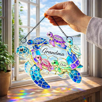Personalized Turtle Suncatcher for Grandma, Custom Name Window Hanging Stained Glass Ornament, Colorful Window Decor for Grandparents, Gift for Mother's Day, Birthdays, Christmas