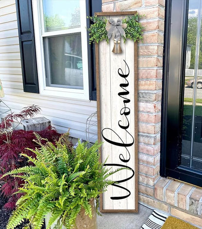 flowtorely Outdoor Welcome Sign for Front Porch Standing 45"×9" Vertical Leaner Wood Frame Tall Outside Rustic Large farmhouse Home Decor Welcome Sign for Front Door Decorations (Wood White)