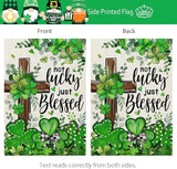 CROWNED BEAUTY St Patricks Day Garden Flag Shamrocks Clover Cross Blessed 12x18 Inch Double Sided Green Holiday Decoration for Outdoor Lawn Yard CF1931-12