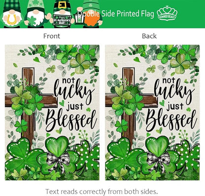 CROWNED BEAUTY St Patricks Day Garden Flag Shamrocks Clover Cross Blessed 12x18 Inch Double Sided Green Holiday Decoration for Outdoor Lawn Yard CF1931-12