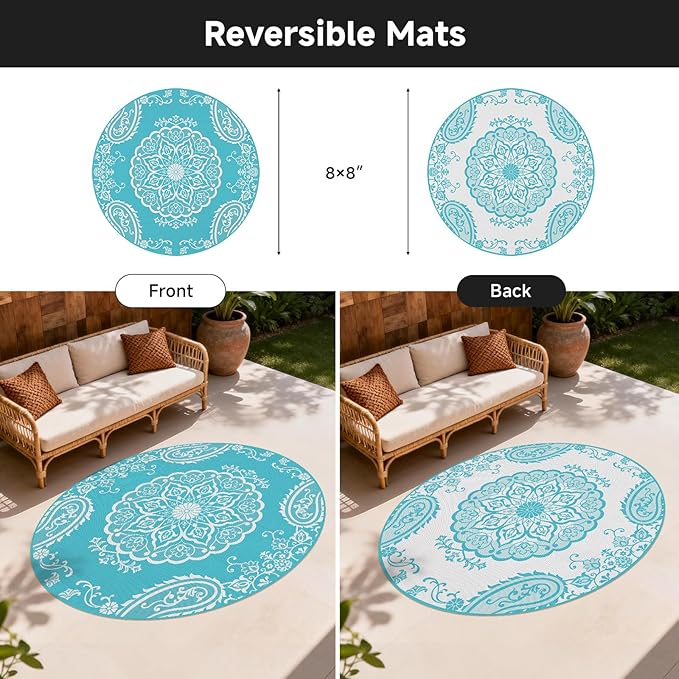 Pauwer Waterproof Outdoor Rug 8ft, Reversible Plastic Straw Patio Camping Rug, Indoor Outdoor RV Mat Carpet for Deck, Camper, Porch, Balcony, Backyard, Picnic, Boho Teal