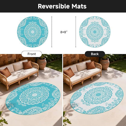 Pauwer Waterproof Outdoor Rug 8ft, Reversible Plastic Straw Patio Camping Rug, Indoor Outdoor RV Mat Carpet for Deck, Camper, Porch, Balcony, Backyard, Picnic, Boho Teal