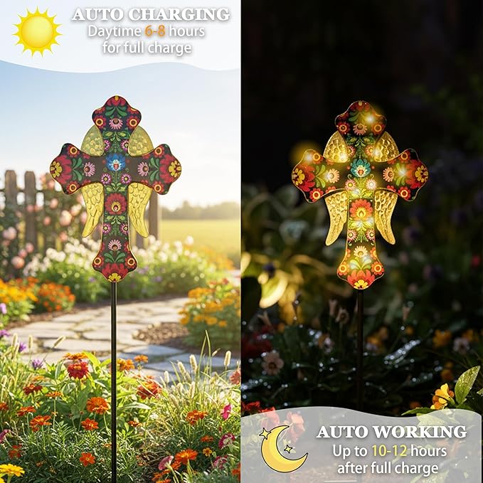 Solar Cross Lights with Angel Wings, Floral Design Outdoor Cemetery Decoration, Warm White LED Stake Light, Pink and Gold Glass Cross for Tombstone Memorial