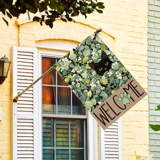 AVOIN colorlife Spring Summer Floral House Flag 28x40 Inch Double Sided Outside, Eucalyptus Black Cat Welcome Seasonal Yard Outdoor Flag