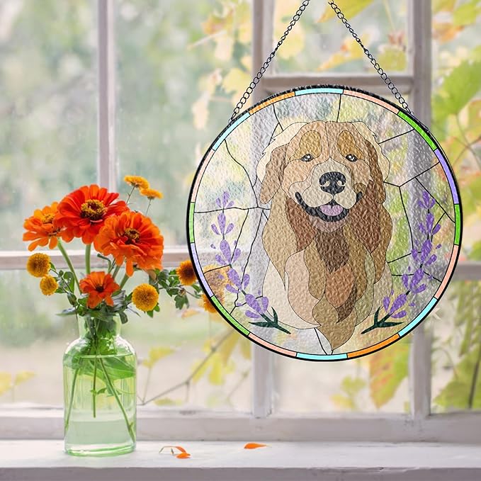 NAZENTI Custom Pet Portrait Stained Glass Suncatcher, Personalized Dog Photo Memorial Ornament Window Hanging, Remembrance Sympathy Gift for Loss of Fur, Bereavement Keepsake, Home Decor