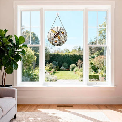 Stained Glass Window Hanging, Bee Circular Painted Glass Suncatcher with Chain & Suction Cup for Home Garden Door Decor, Birthday for Women Men Mom 7.8 in