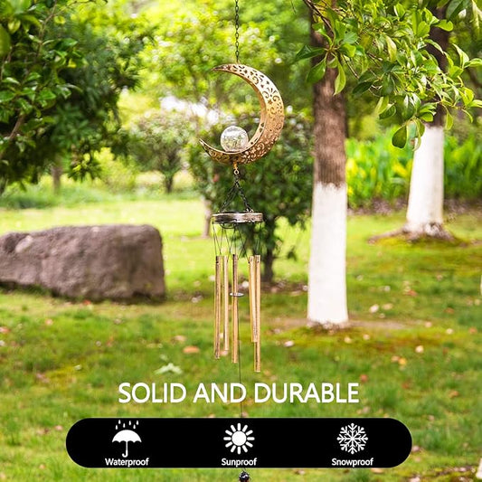 Asense Moon Wind Chimes with Crackle Glass Ball Solar Powered LED Lights, Outdoor Garden Decor, Lawn Yard Patio Decoration, Unique Hanging Decor Gifts