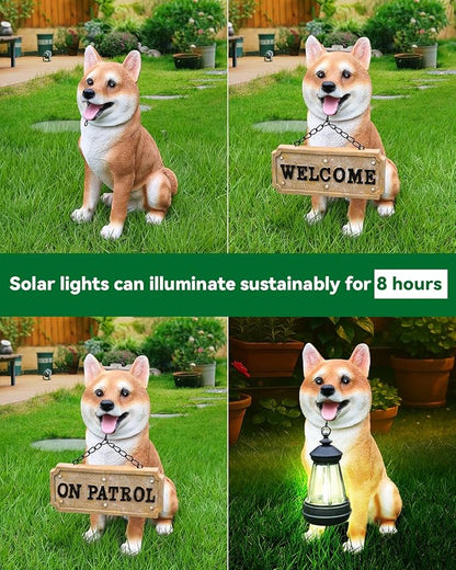 Zen-Porch Akita Accent with Solar Lantern and Double-Sided Sign, Sitting Brown & White Japanese Akita Statue for Steps, Balcony & Entryway