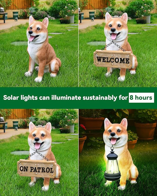 Zen-Porch Akita Accent with Solar Lantern and Double-Sided Sign, Sitting Brown & White Japanese Akita Statue for Steps, Balcony & Entryway