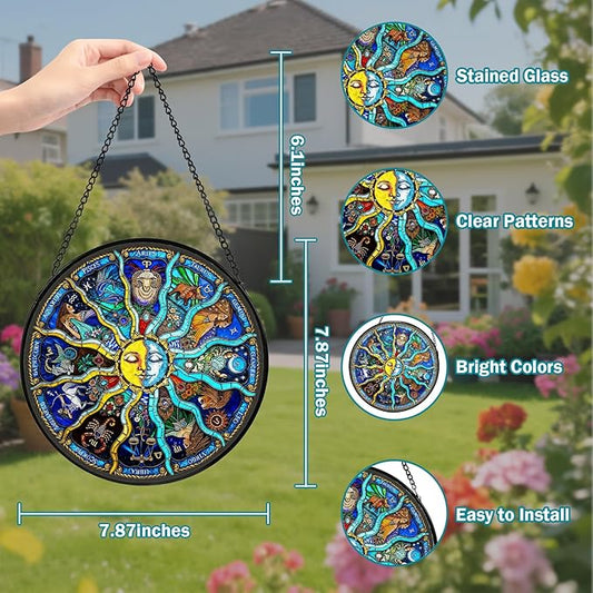 Sun and Moon Stained Glass Window Hanging, Suncatcher for Window Hanging, Sun Catchers Indoor Windows Wall Art for Mom Grandma, Gothic Moon Witchy Suncatcher for Home Garden Office 7.87 inches