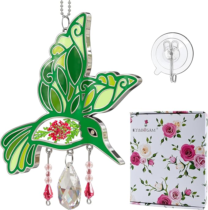 KY&BOSAM Hummingbird Suncatcher Crystal Colorful Rainbow Prisms Sun Catchers for Windows Hangings Wind Chimes Ornaments with Pressed Flower and Metal Charms Gifts for Mom Mothers Day Christmas Decor