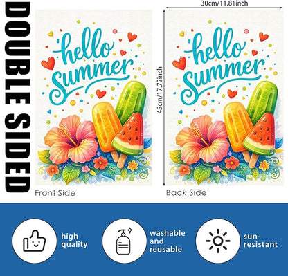 Nuxovilar Summer Garden Flag Hello Summer Ice Cream Hibiscus Flower Pattern Polyester 12x18 Inches Garden Flags for Outside Bright Decor Yard Porch