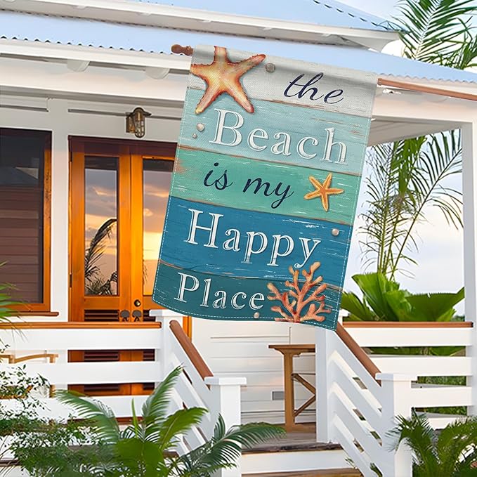 Dyrenson Summer The Beach is My Happy Place 28 x 40 House Flag Double Sided, Blue Coastal Starfish Farmhouse Garden Yard Decorations, Coral Pearl Nautical Rustic Outdoor Decor Decorative Large Flag