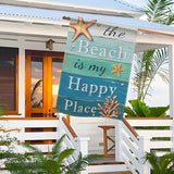 Dyrenson Summer The Beach is My Happy Place 28 x 40 House Flag Double Sided, Blue Coastal Starfish Farmhouse Garden Yard Decorations, Coral Pearl Nautical Rustic Outdoor Decor Decorative Large Flag