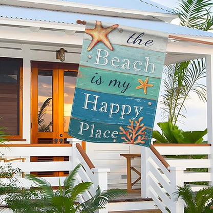 Dyrenson Summer The Beach is My Happy Place 28 x 40 House Flag Double Sided, Blue Coastal Starfish Farmhouse Garden Yard Decorations, Coral Pearl Nautical Rustic Outdoor Decor Decorative Large Flag