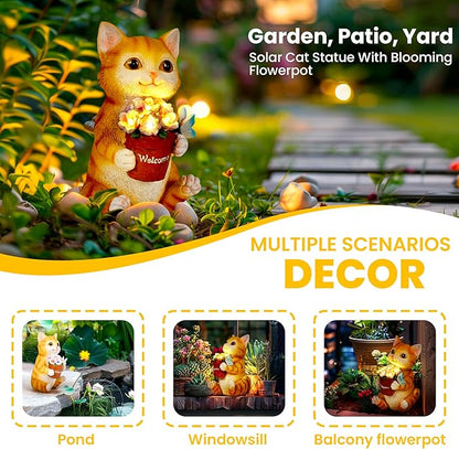 GIGALUMI Solar Garden Decor Flower Pot Cat Statues Outdoor, Birthday Gifts for Women Mom Grandma Senior Elder, Cat Ornament for Balcony, Garden, Patio, Yard, Lawn