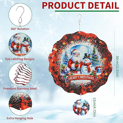 Christmas Wind Spinners Outdoor - Xmas Gifts for Women Mom Men, 3D Cute Snowman Santa Winter Wind Spinner for Yard Garden Decor, Hanging Kinetic Metal Wind Spinners 12 Inch