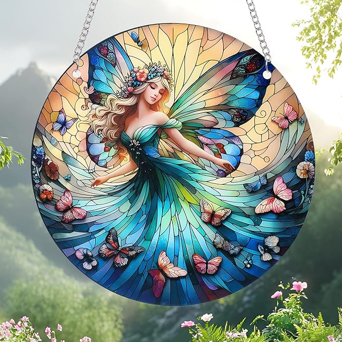 Butterfly Girl Fairy Suncatcher Acrylic Flower Fairy Window Hanging Stained Sun Catchers Indoor Window Decor with Chain Home Garden Decoration 7.8 inch YKA188 (C)