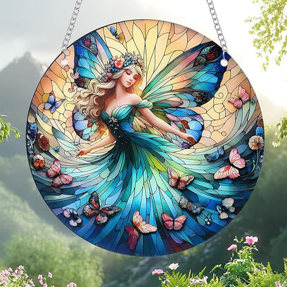 Butterfly Girl Fairy Suncatcher Acrylic Flower Fairy Window Hanging Stained Sun Catchers Indoor Window Decor with Chain Home Garden Decoration 7.8 inch YKA188 (C)