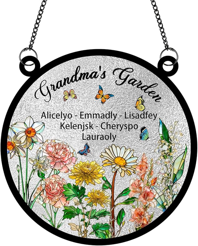 Personalized Grandmas Garden Stained Glass Suncatchers, Custom Name Birth Month Flowers Window Hanging Ornament, Mothers Day Christmas Birthday Gifts for Grandma Mom Nana Mimi (Round 3)