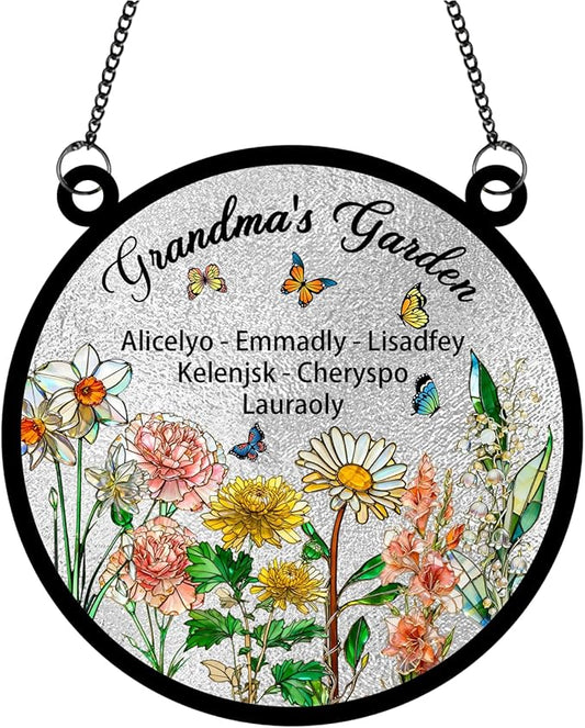 Personalized Grandmas Garden Stained Glass Suncatchers, Custom Name Birth Month Flowers Window Hanging Ornament, Mothers Day Christmas Birthday Gifts for Grandma Mom Nana Mimi (Round 3)