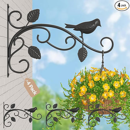 iDavosic.ly Plant Hangers Outdoor 4-Pack, 12 Inch Heavy Duty Iron Wall Brackets for Hanging Plants, Baskets, Bird Feeders, Lanterns, Wind Chimes, Indoor Metal Hooks for Garden Porch Patio, Black