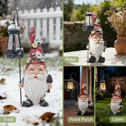 Garden Gnomes Statue with Solar Lantern, Outdoor Gnome Decorations for Yard, Outdoor Figurine Ornament with LED Lights for Patio Lawn, Valentine's Day Birthday Gift for Women Mom Grandma