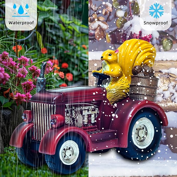 YUETJIN Solar Lighted Squirrel's Farm Tractor Statue, Outdoor Décor for Lawn Garden, Yard, Flower-Pool, Harvest Decoration, Gfit for Father