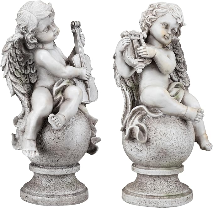 Northlight 14.75" Set of 2 Cherub Angels with Instruments Outdoor Garden Statues