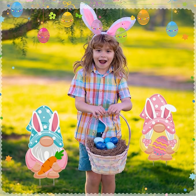 2 Pcs Easter/Spring Outdoor Decorations 16 Inch Easter Yard Signs Metal Pastel Gnome/Rustic Bunny/Lavender Garden Stakes for Home Outside Pathway Lawn Backyard Patio Farmhouse Party Decor(Gnome)