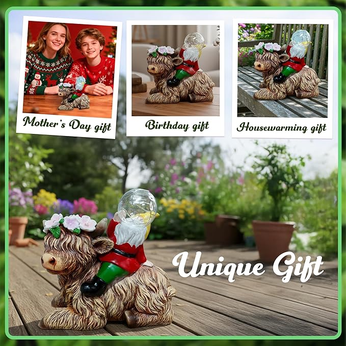 Spring Garden Blowing Bubbles Gnome Highland Cow Solar Statues, Funny Summer Gnome Outdoor Resin Sculptures Decor for Home Table Patio Lawn Porch Balcony, Housewarming