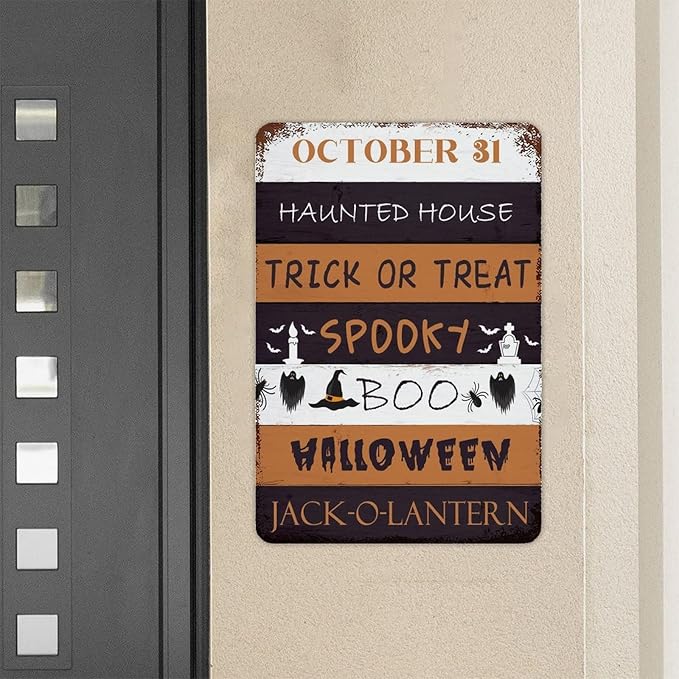 October 31 Happy Halloween Trick Or Treat Be Ware Spooky Ghost Aluminum Tin Metal Sign for Indoor Outdoor Business Retail Store Patio Yard Home Decor Wall Art Print Poster 12"x18"
