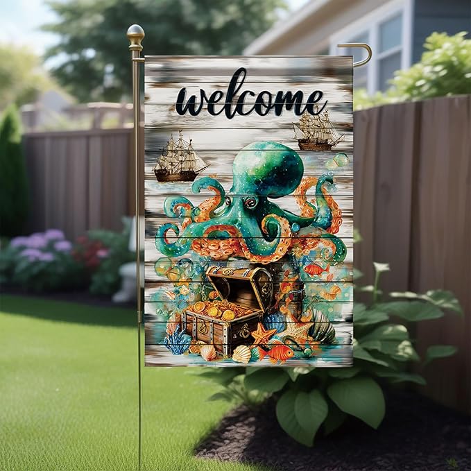 Spring Summer Garden Flag 12x18 Inch Nautical Octopus Treasure Chest Welcome Ocean Sea Pirate Ship Design Outdoor Yard Porch Lawn for Seasonal Coastal Home Decor