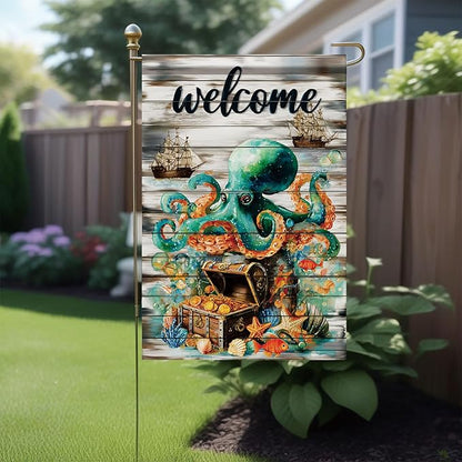 Spring Summer Garden Flag 12x18 Inch Nautical Octopus Treasure Chest Welcome Ocean Sea Pirate Ship Design Outdoor Yard Porch Lawn for Seasonal Coastal Home Decor