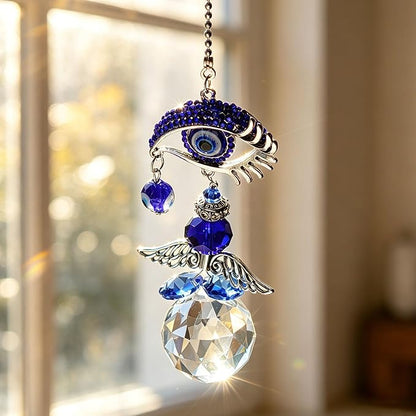 YU FENG Hanging Crystal Angel Suncatcher Blue Evil Eye Protection and Good Luck Charm Chandelier Lamps Pendant(12.5in)
