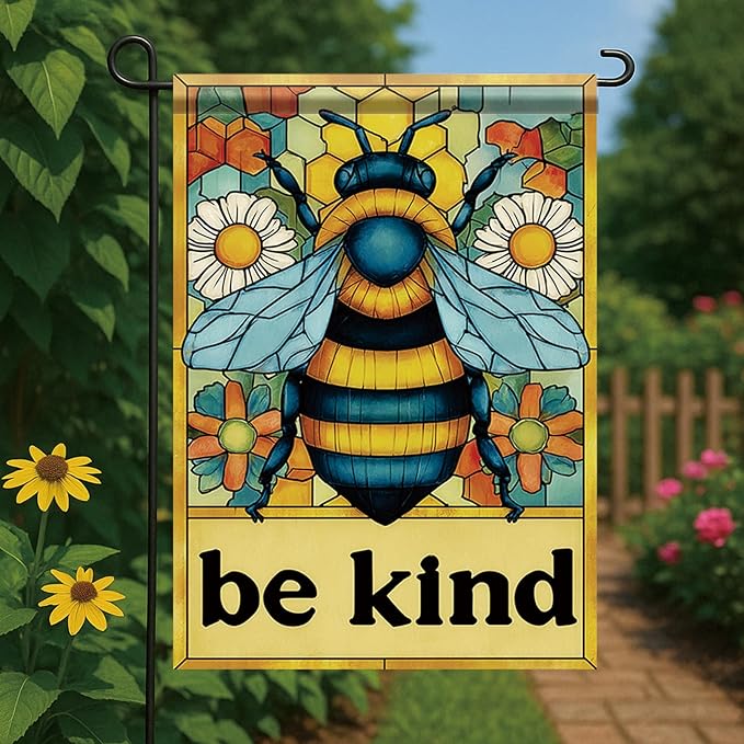 Spring Summer Garden Flag 12x18 Inch Be Kind Bee Stained Glass Floral Art Design Outdoor Yard Porch Lawn Garden for Seasonal Farmhouse Cottage Home Decor