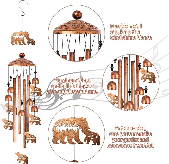 Bear Wind Chimes for Outside, Bear Gifts for Men Women Nature Lovers Metal Windchimes Outdoors, Mountain Forest Wildlife Design Home Garden Patio Yard Decor
