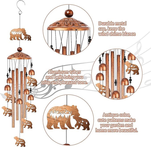 Bear Wind Chimes for Outside, Bear Gifts for Men Women Nature Lovers Metal Windchimes Outdoors, Mountain Forest Wildlife Design Home Garden Patio Yard Decor