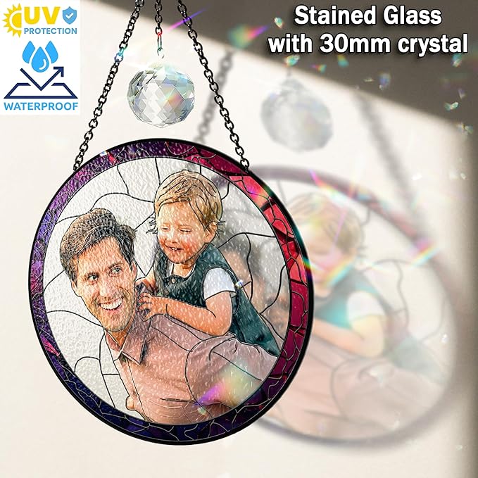 VINATIMES Personalized Dad Stained Glass Suncatcher, Photo Family Stained Glass Window Hanging Decoration, Custom Photo Gift for Dad from Son Daughter, Birthday Gift for Grandpa, Papa, Uncle