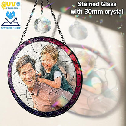VINATIMES Personalized Dad Stained Glass Suncatcher, Photo Family Stained Glass Window Hanging Decoration, Custom Photo Gift for Dad from Son Daughter, Birthday Gift for Grandpa, Papa, Uncle