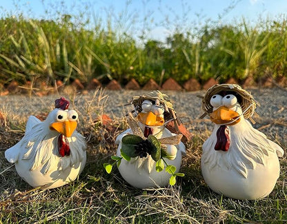 Teaeeno Chicken Fence Decor Statues,Funny Farm Sculpture Chicken Decorations,3 Chickens a Set,Resin Chicken Figurines,Cute Animal Outdoor Sculpture for Home Garden Stairs,Farm,Patio,Backyard