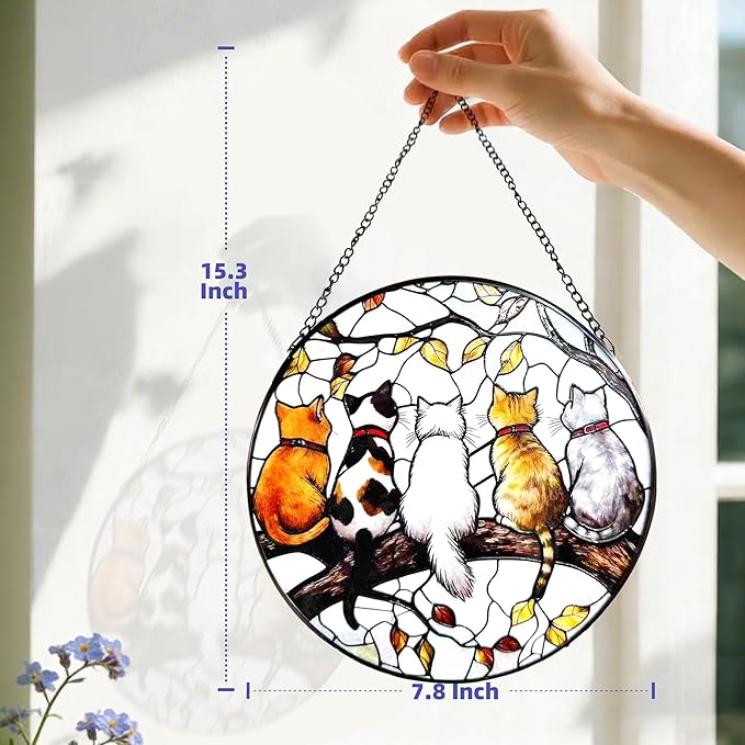 Cat Suncatcher Stained Glass Window Hanging - Cat Lover Gifts for Women Mom Friend Teacher, Birthday Mother's Day Christmas Housewarming Home Decor for Kitchen Living Room Indoor & Garden 7.8 in