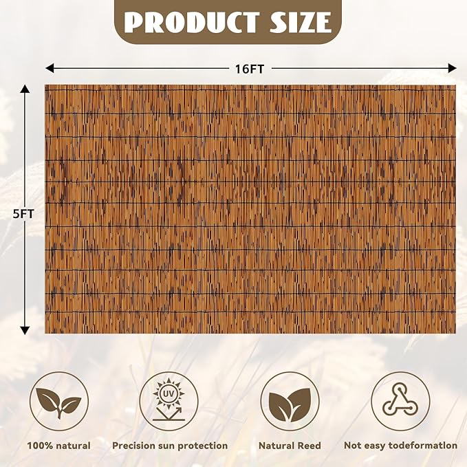 KOIUEYW Bamboo Reed Fencing, Light Russet Decorative Bamboo Privacy Fence 5ft High, Reed Curtains for Patio Garden Balcony Outdoor Privacy Screen, 5 x 16 FT