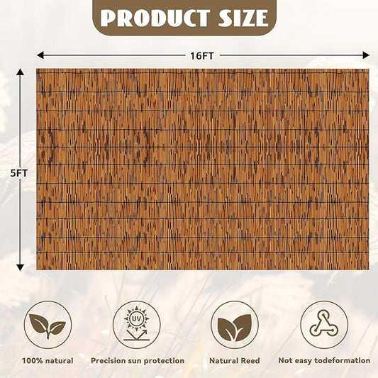KOIUEYW Bamboo Reed Fencing, Light Russet Decorative Bamboo Privacy Fence 5ft High, Reed Curtains for Patio Garden Balcony Outdoor Privacy Screen, 5 x 16 FT