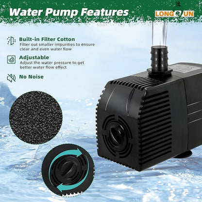 Longrun Pond Waterfall Box with Pump Kit, 304 Stainless Steel Pond Spillway with 396 GPH 1500L/H Pump for Ponds, Pond Spillway Color-Changing LED Light Strip for Garden Waterfall (9.06")