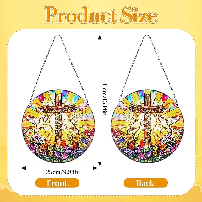 Stained Glass Hanging Doves and Cross Suncatcher, Renyalora 10 Inch Round Real Glass Christian Window Panel with Colorful Flowers Sun Catcher Window Hanging Decor for Home Windows Garden Church Decor