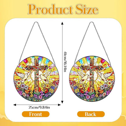 Stained Glass Hanging Doves and Cross Suncatcher, Renyalora 10 Inch Round Real Glass Christian Window Panel with Colorful Flowers Sun Catcher Window Hanging Decor for Home Windows Garden Church Decor