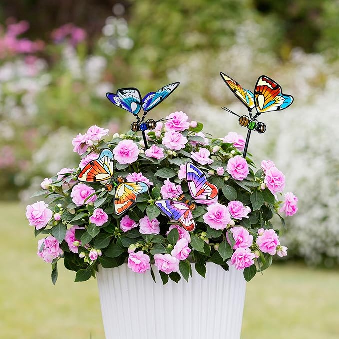 MrMrKura Set of 3 Butterfly Garden Stake Decor, 20" Metal Colorful Butterfly Stakes, Decorative Garden Stakes Glow in Dark Metal Yard Art for Outdoor Lawn Pathway Patio Ornaments